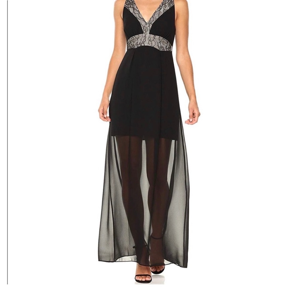 BCBGeneration Black Lace Trim T-Strap Back Chiffon Maxi Dress Size 4